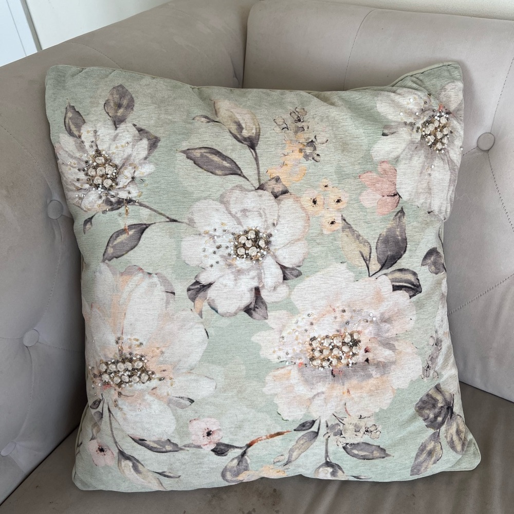 Floral Accent Pillow - Green and Cream